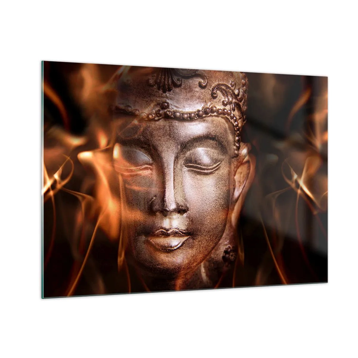 Quadro su vetro - Il volto nebuloso del Buddha nelle calde tonalità dell'oro e del marrone - 100x70cm - Esiste solo qui e ora - Decorazione murale moderna per soggiorno e camera da letto ARTTOR