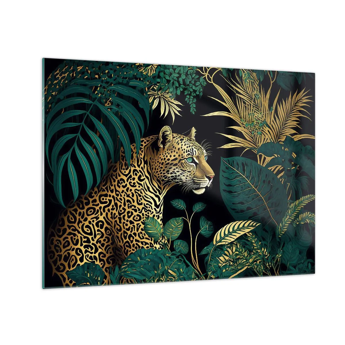 Quadro su vetro - Un leopardo tra foglie tropicali su uno sfondo scuro - 70x50cm - Il signore della giungla - Decorazione murale moderna per soggiorno e camera da letto ARTTOR
