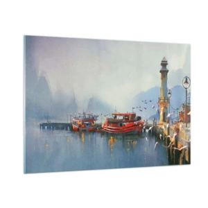Quadro su vetro - Un porto con barche rosse, un faro e uccelli sullo sfondo delle montagne - 100x70cm - Alla fine del mondo - Decorazione murale moderna per soggiorno e camera da letto ARTTOR