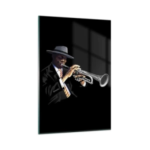 Quadro su vetro - Un musicista che suona la tromba su uno sfondo nero - 80x120cm - Il fascino della Old School - Decorazione murale moderna per soggiorno e camera da letto ARTTOR