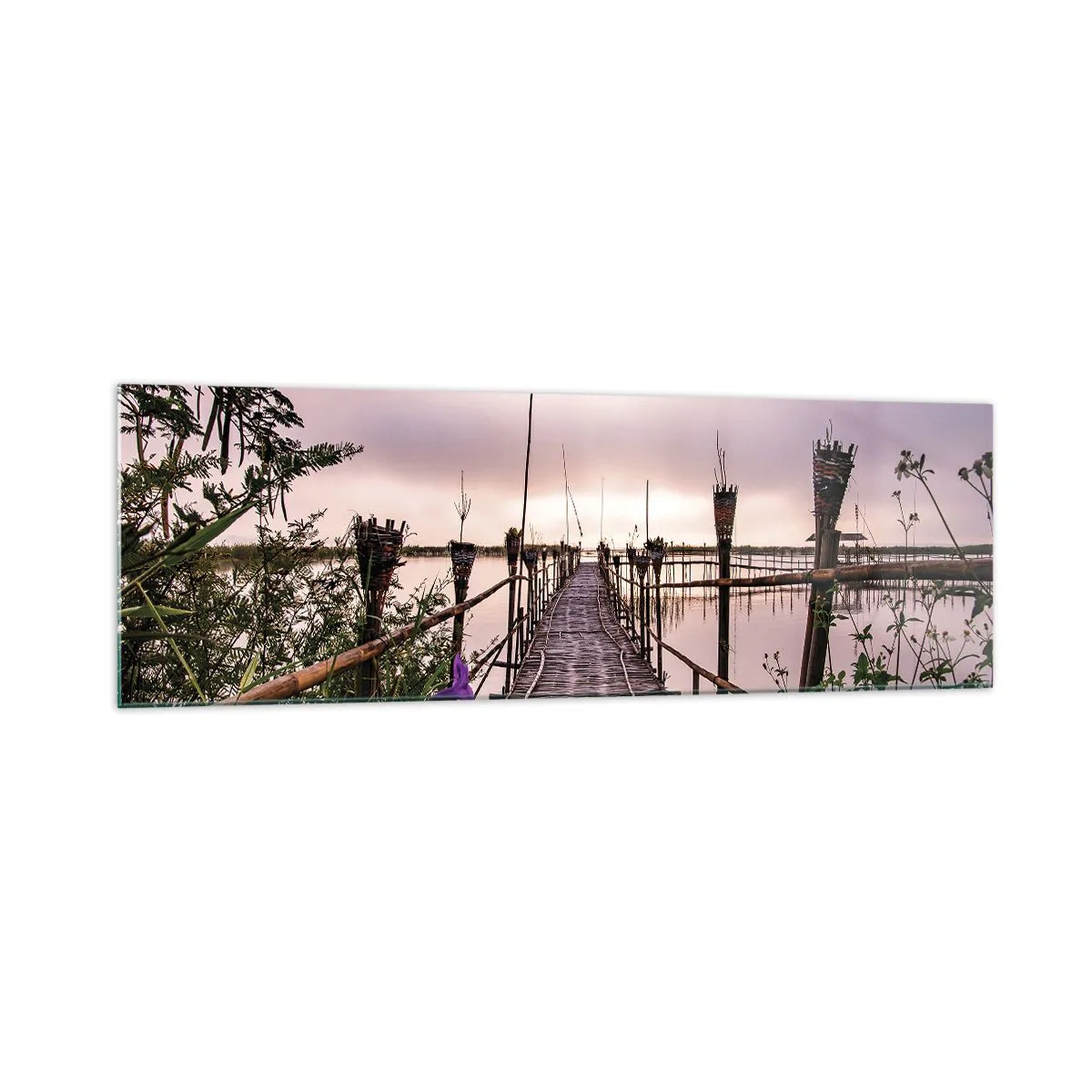 Quadro su vetro - Ponte di bambù sull'acqua all'alba - 160x50cm - Pace e silenzio dell'Asia - Decorazione murale moderna per soggiorno e camera da letto ARTTOR