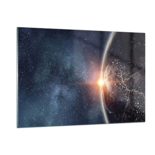 Quadro su vetro - La Terra illuminata dai raggi del sole nello spazio - 120x80cm - In una nuova prospettiva - Decorazione murale moderna per soggiorno e camera da letto ARTTOR