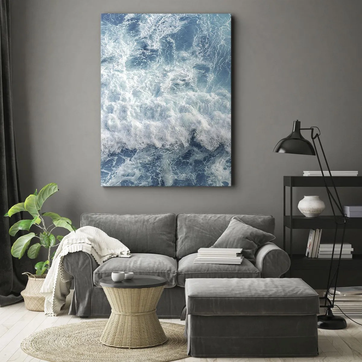 Quadro su tela - Stampe su Tela - Onde oceaniche dinamiche nelle tonalità del blu - 50x70cm - Con gioia e saltellando - Decorazione murale moderna per soggiorno e camera da letto ARTTOR