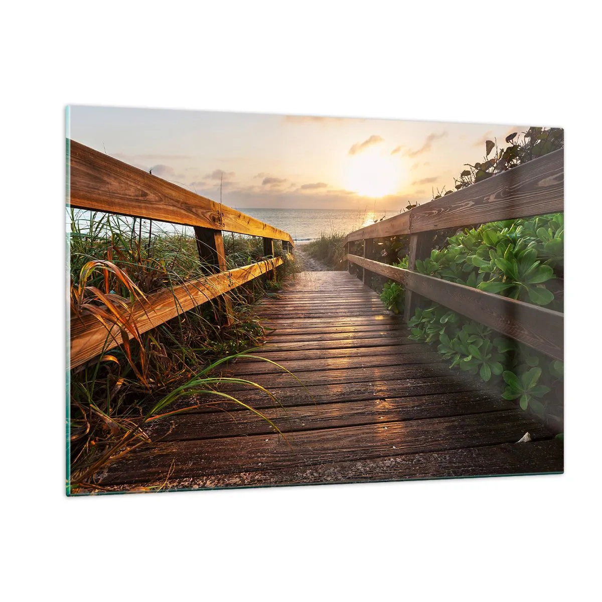 Quadro su vetro - Passerella in legno che conduce alla spiaggia al tramonto - 120x80cm - Dritto verso la riva - Decorazione murale moderna per soggiorno e camera da letto ARTTOR