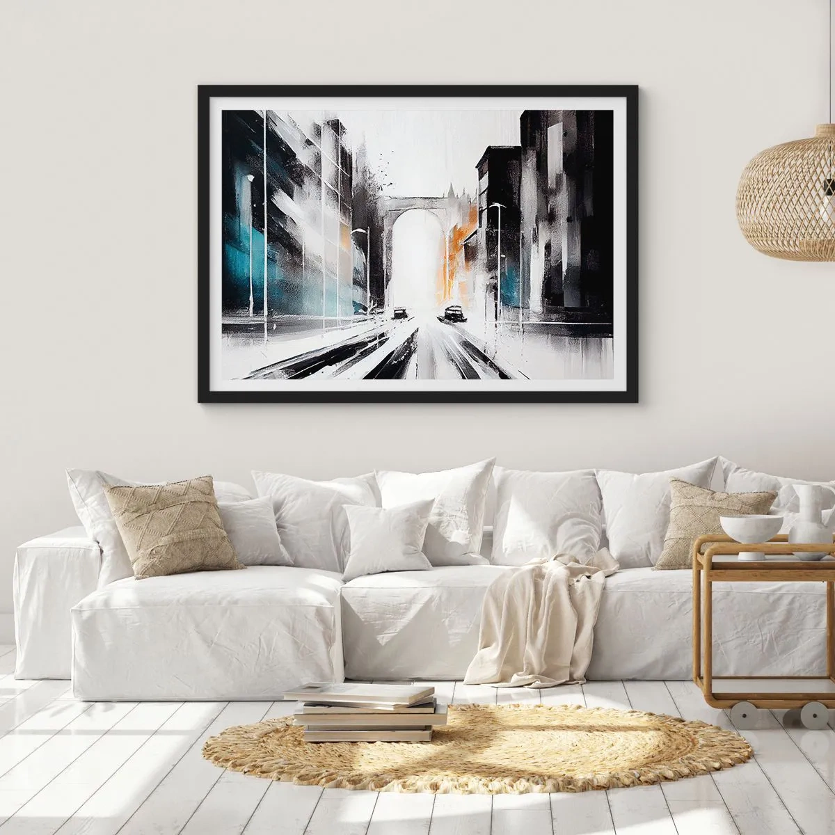 Poster in cornice nera - Panorama astratto della città con un ponte ad arco - 100x70cm - Studio di città: architettura e movimento - Decorazione murale moderna per soggiorno e camera da letto ARTTOR
