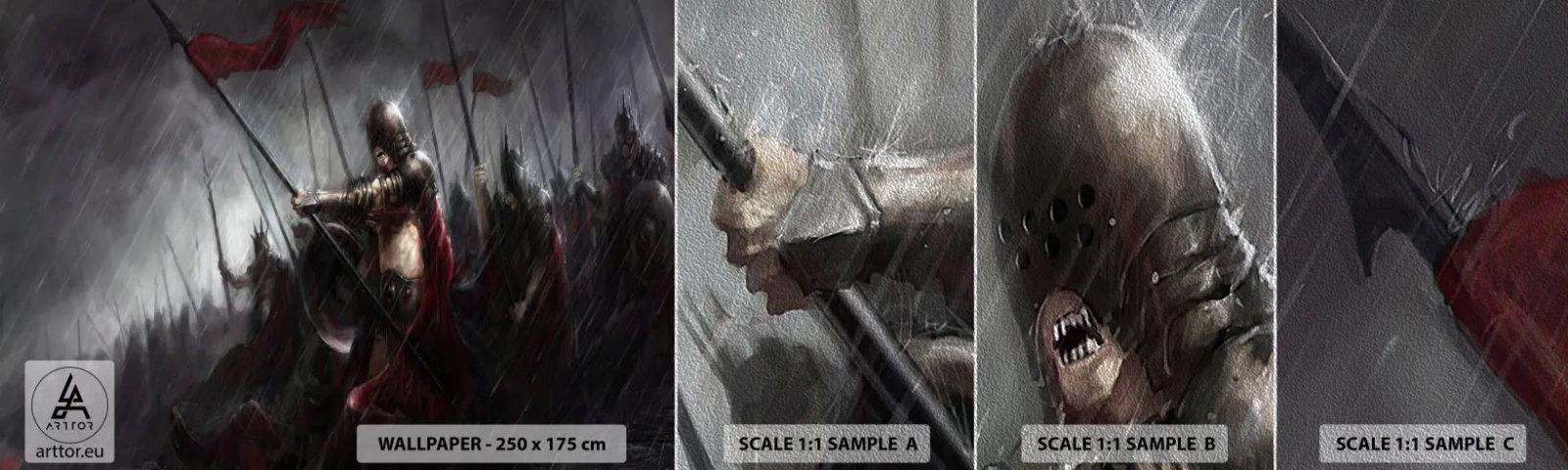 Campione di Fotomurale Premium Sand - Passante, dì a Sparta... - Cavaliere in armatura, Esercito, Astrazione - 100x30 cm