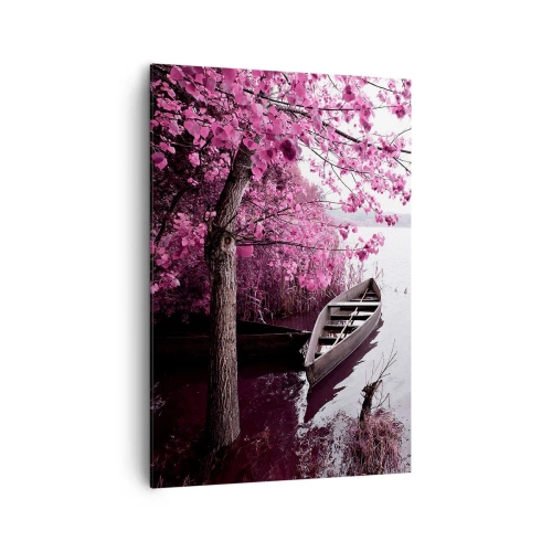 Quadro su tela - Stampe su Tela - Una barca sulla riva di un lago tra alberi rosa - 70x100cm - Nel silenzio rosa - Decorazione murale moderna per soggiorno e camera da letto ARTTOR