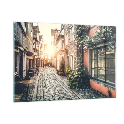 Quadro su vetro - Una strada affascinante con case popolari illuminate dal tramonto - 120x80cm - L'angolo delle rose nella luce rosata - Decorazione murale moderna per soggiorno e camera da letto ARTTOR