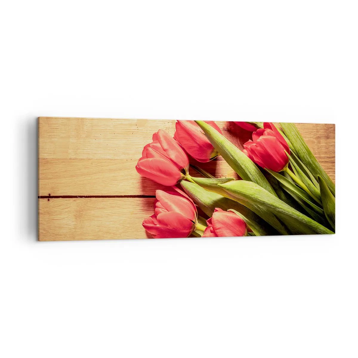 Quadro su tela - Stampe su Tela - Un mazzo di tulipani rosa su uno sfondo di legno - 140x50cm - Confessione primaverile - Decorazione murale moderna per soggiorno e camera da letto ARTTOR