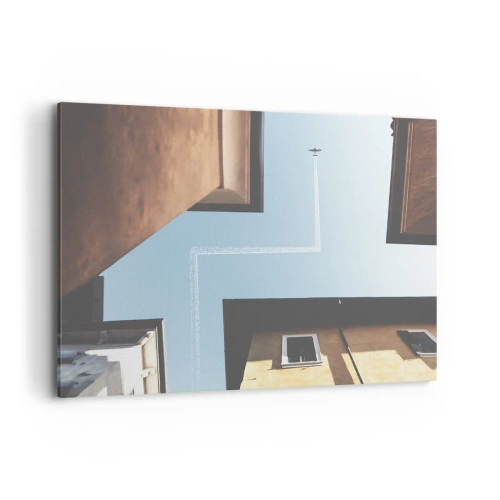 Quadro su tela - Stampe su Tela - Vista dell'aereo e della sua scia nel cielo da una prospettiva stradale - 100x70cm - Sopra il labirinto urbano - Decorazione murale moderna per soggiorno e camera da letto ARTTOR