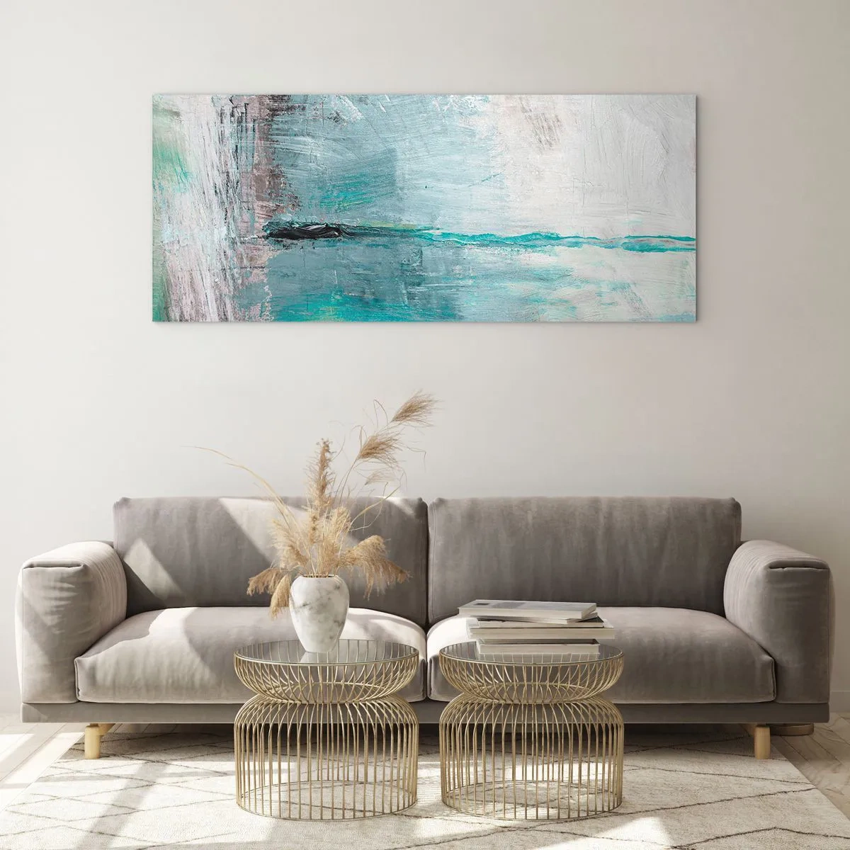 Quadro su vetro - Astrazione nei toni del turchese e del grigio - 140x50cm - Orizzonte nel blu - Decorazione murale moderna per soggiorno e camera da letto ARTTOR