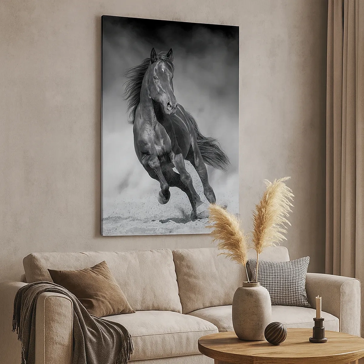 Quadro su tela - Stampe su Tela - Un cavallo bianco e nero che galoppa sulla sabbia - 50x70cm - Degno dell'emiro - Decorazione murale moderna per soggiorno e camera da letto ARTTOR