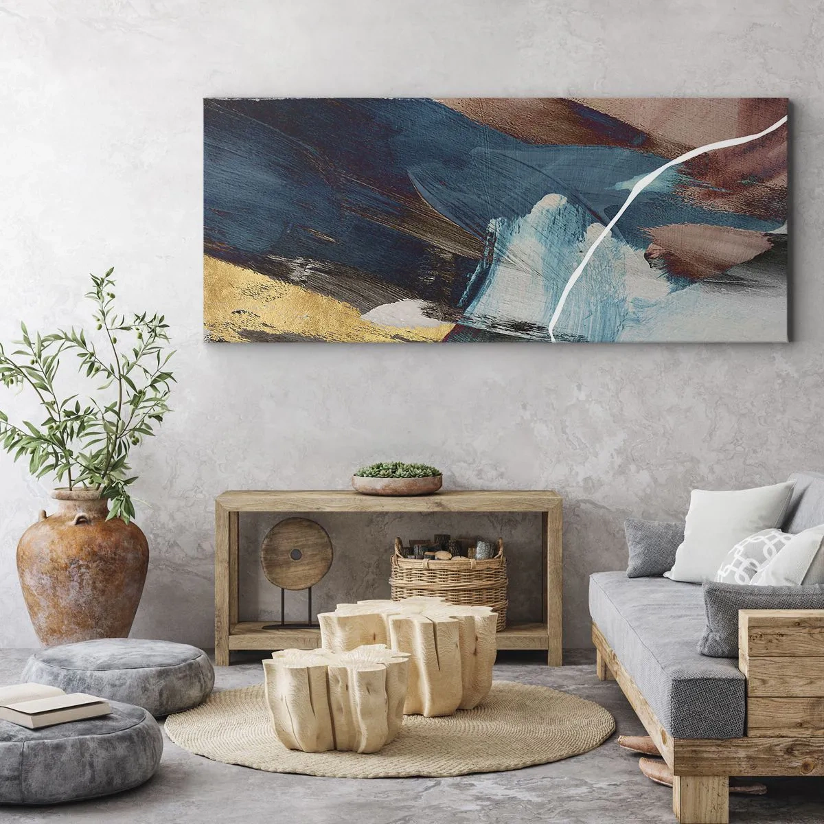 Quadro su tela - Stampe su Tela - Pennellate astratte nei toni del blu e dell'oro - 120x50cm - Con forza ed energia - Decorazione murale moderna per soggiorno e camera da letto ARTTOR