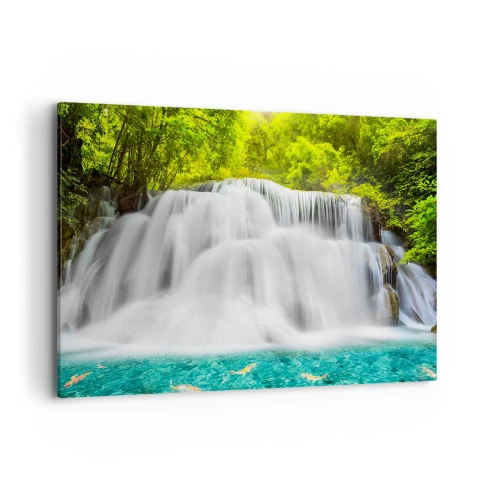 Quadro su tela - Stampe su Tela - Una cascata in una foresta tropicale con acqua turchese - 100x70cm - Cascata spumeggiante dal verde all'azzurro - Decorazione murale moderna per soggiorno e camera da letto ARTTOR
