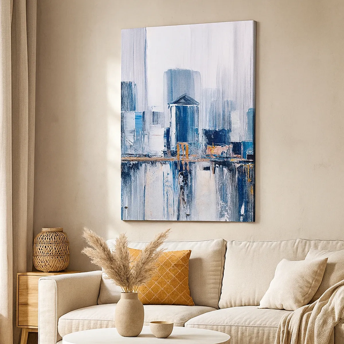 Quadro su tela - Stampe su Tela - Panorama urbano astratto con sfumature di blu e giallo - 50x70cm - Impressione di New York - Decorazione murale moderna per soggiorno e camera da letto ARTTOR