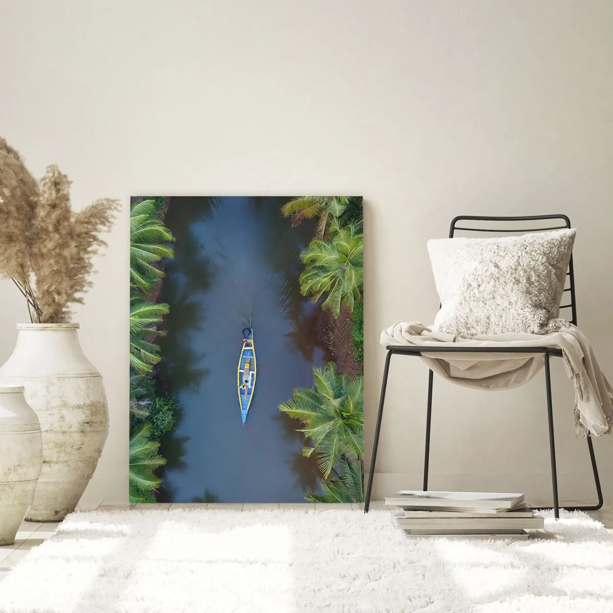 Quadro su vetro - Vista a volo d'uccello di una barca su un fiume circondata da palme - 80x120cm - Sul percorso tropicale - Decorazione murale moderna per soggiorno e camera da letto ARTTOR