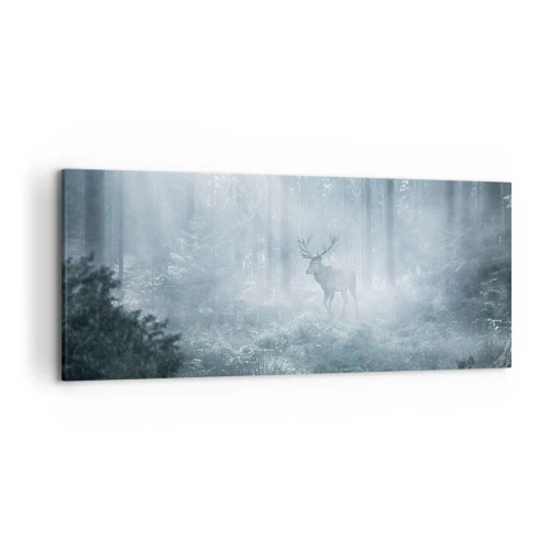 Quadro su tela - Stampe su Tela - Un cervo in una fitta foresta avvolto nella nebbia mattutina - 120x50cm - Passeggiata mattutina sulle sue terre - Decorazione murale moderna per soggiorno e camera da letto ARTTOR