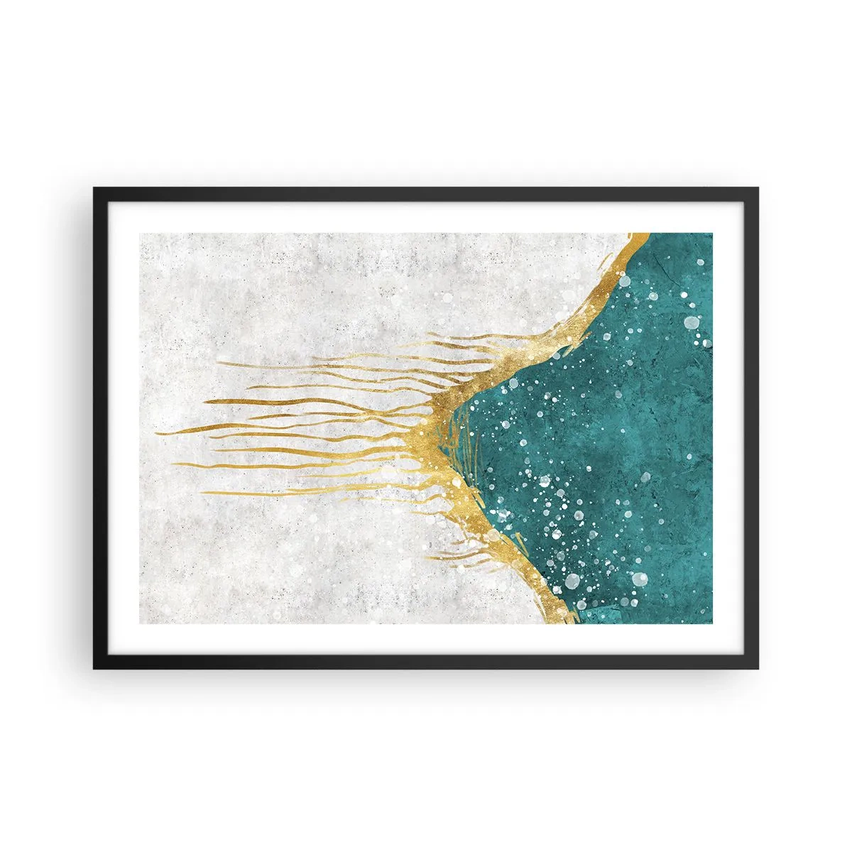 Poster in cornice nera - Una composizione astratta nei toni dell'oro e del turchese - 70x50cm - Flusso dorato - Decorazione murale moderna per soggiorno e camera da letto ARTTOR