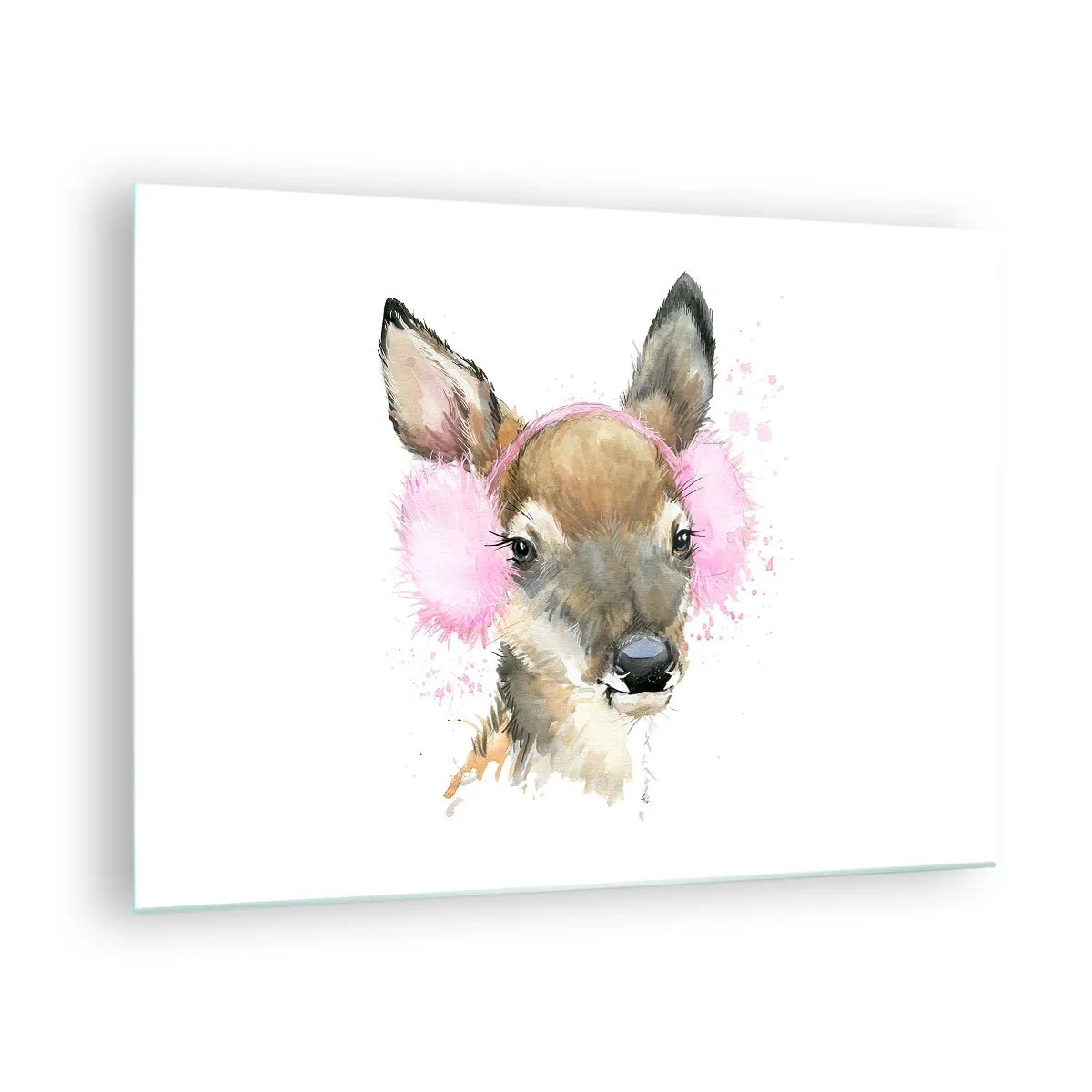 Quadro su vetro - Un cervo con paraorecchie di pelliccia rosa - 70x50cm - E il gelo non mette più paura - Decorazione murale moderna per soggiorno e camera da letto ARTTOR