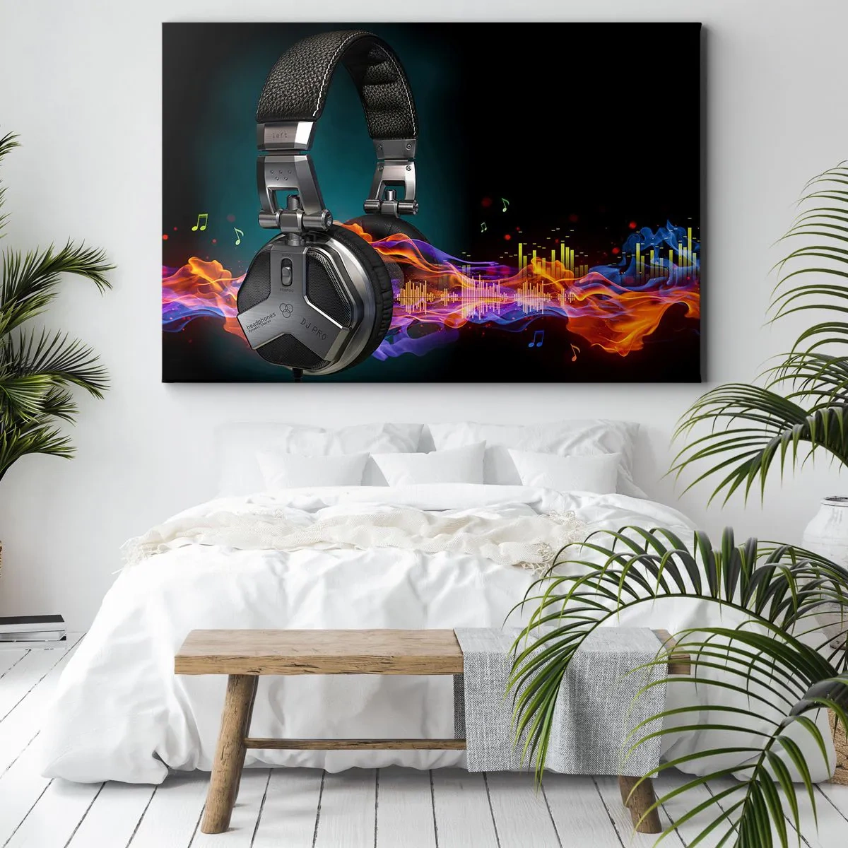 Quadro su tela - Stampe su Tela - Cuffie nere con effetto di visualizzazione musicale colorato - 100x70cm - Nel fuoco della musica - Decorazione murale moderna per soggiorno e camera da letto ARTTOR