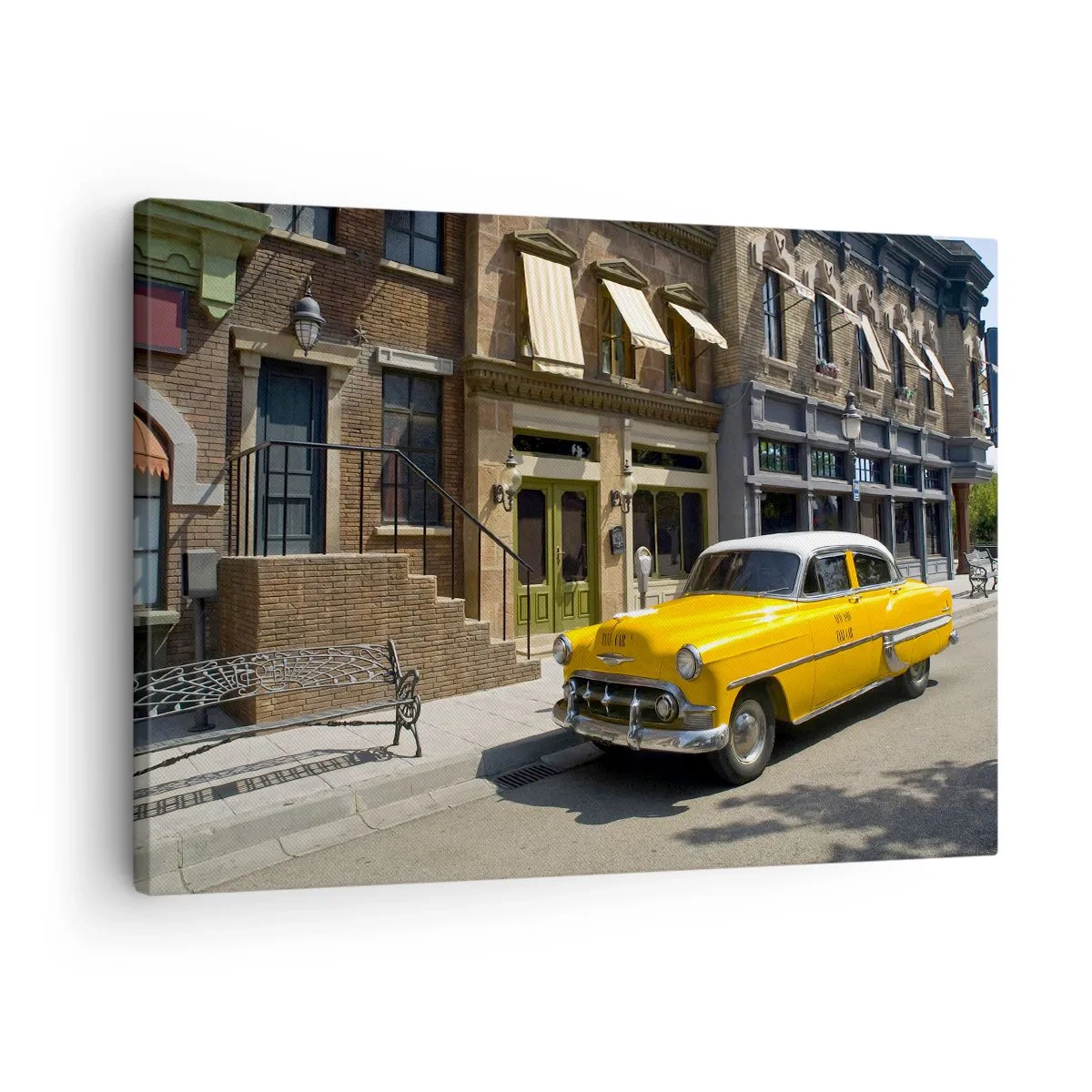 Quadro su tela - Stampe su Tela - Un taxi giallo su una strada fiancheggiata da case popolari - 70x50cm - Tanto tempo fa in America - Decorazione murale moderna per soggiorno e camera da letto ARTTOR
