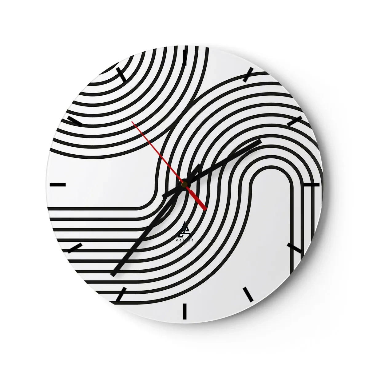 Orologio da parete - Orologio in Vetro - Linee nere che formano un complesso schema di binari curvi - 30x30cm - In curva - Decorazione murale moderna per soggiorno, cucina e camera da letto ARTTOR