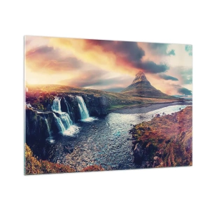 Quadro su vetro - Cascata e montagna al tramonto nel paesaggio islandese - 100x70cm - Nella maestà della natura - Decorazione murale moderna per soggiorno e camera da letto ARTTOR