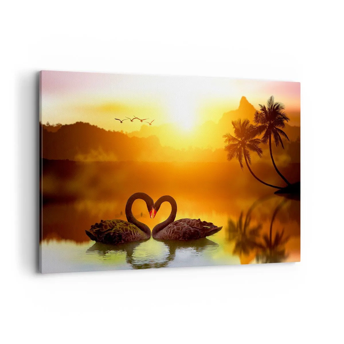 Quadro su tela - Stampe su Tela - Due cigni neri formano un cuore sullo sfondo di un tramonto sul lago - 120x80cm - Tutto in coppia - Decorazione murale moderna per soggiorno e camera da letto ARTTOR