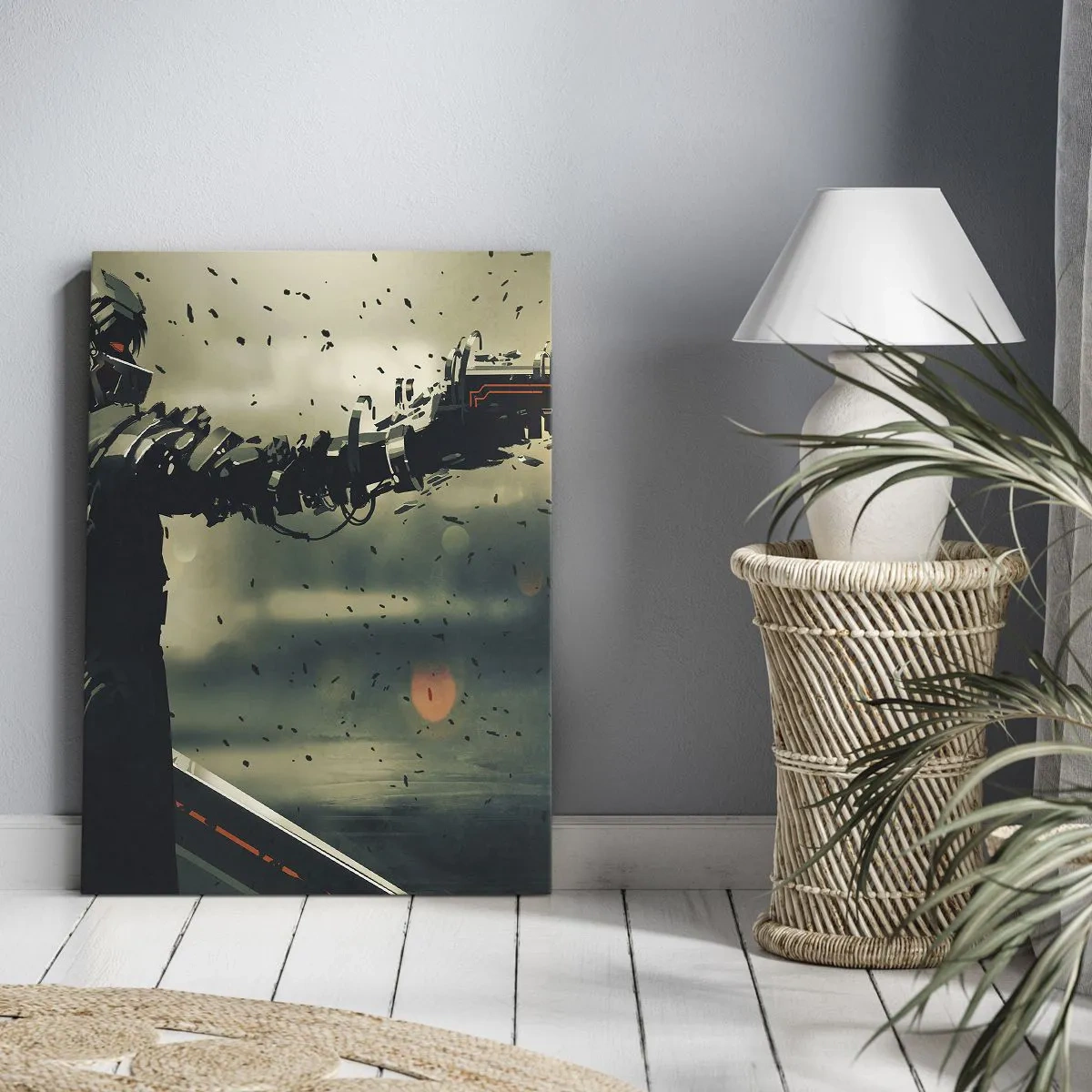 Quadro su tela - Stampe su Tela - Guerriero cibernetico con armi futuristiche - 80x120cm - L'arma assassina: il tuo Terminator - Decorazione murale moderna per soggiorno e camera da letto ARTTOR