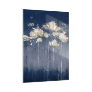 Quadro su vetro - Composizione floreale astratta in oro su sfondo blu navy - 50x70cm - Come petali al vento - Decorazione murale moderna per soggiorno e camera da letto ARTTOR