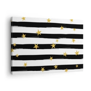 Quadro su tela - Stampe su Tela - Strisce bianche e nere con stelle dorate - 70x50cm - Siamo tutti nati sotto una buona stella - Decorazione murale moderna per soggiorno e camera da letto ARTTOR