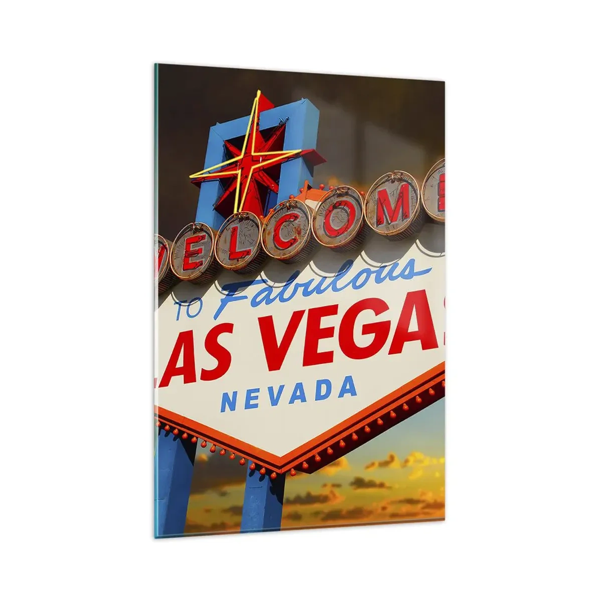 Quadro su vetro - Il famoso cartello Welcome to Fabulous Las Vegas al tramonto - 80x120cm - Cercando la fortuna - Decorazione murale moderna per soggiorno e camera da letto ARTTOR