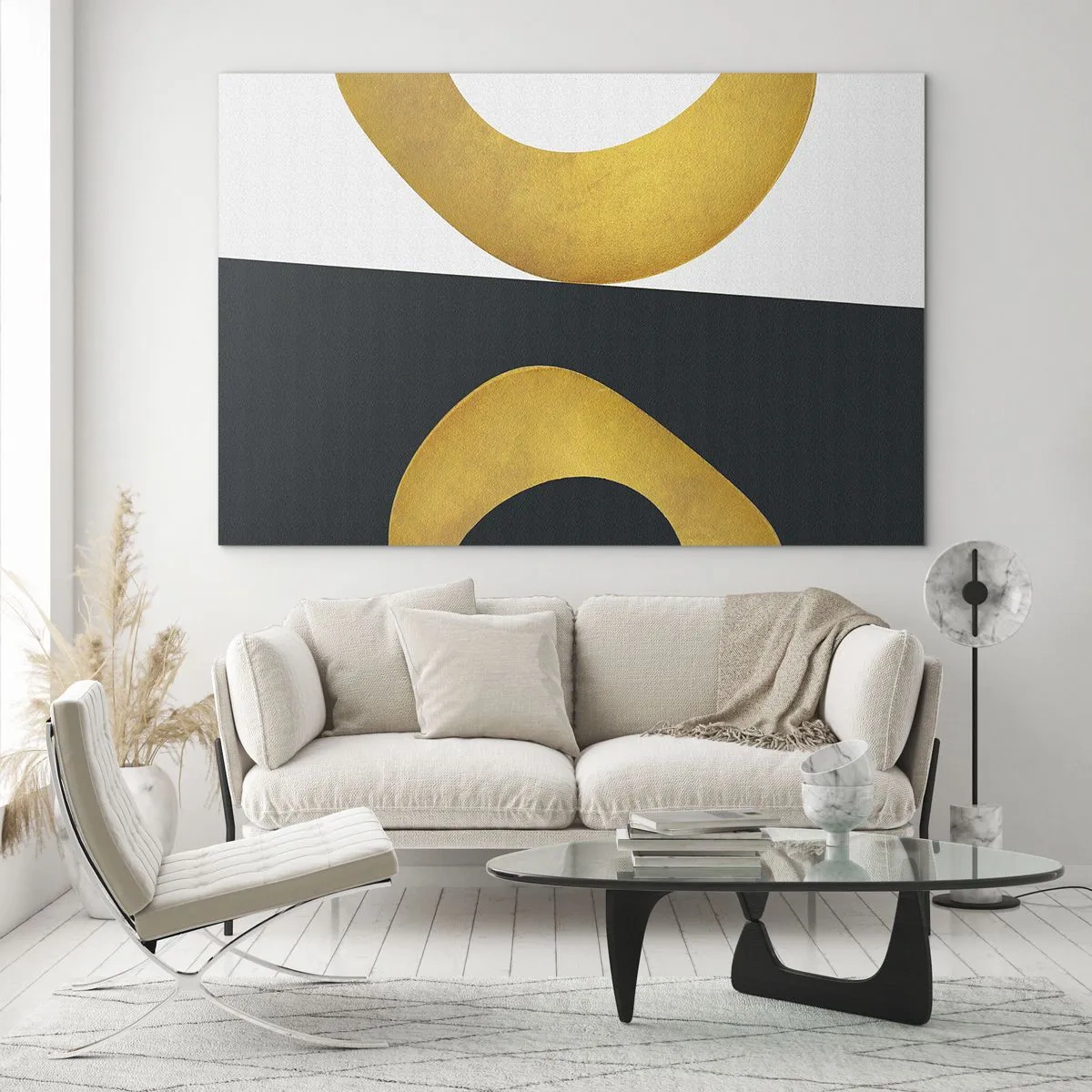 Quadro su vetro - Forme geometriche dorate su sfondo bianco e nero - 120x80cm - Iniziamo dall'oro - Decorazione murale moderna per soggiorno e camera da letto ARTTOR