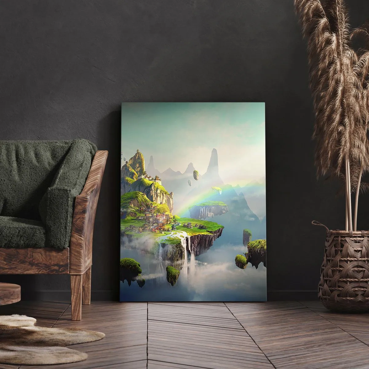 Quadro su tela - Stampe su Tela - Isole volanti tra le nuvole con un arcobaleno all'orizzonte - 80x120cm - In mezzo al cielo: isole fortunate - Decorazione murale moderna per soggiorno e camera da letto ARTTOR
