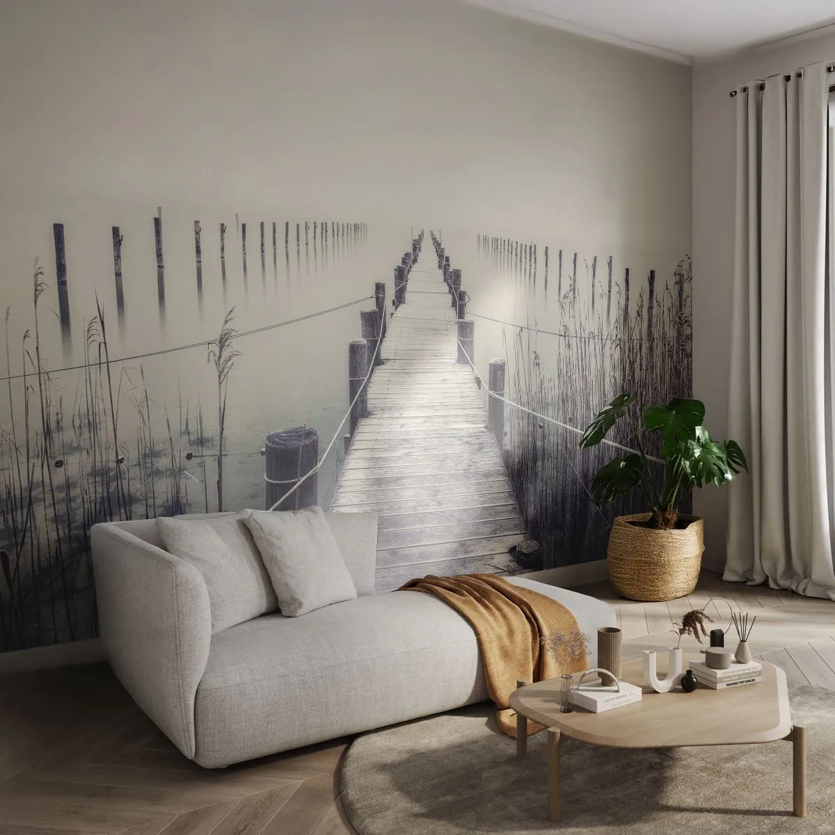 Fotomurali Premium Sand - Un molo di legno nella nebbia sopra un lago calmo - 100x70cm - Immergiti nella pace - Decorazione murale moderna per soggiorno e camera da letto ARTTOR