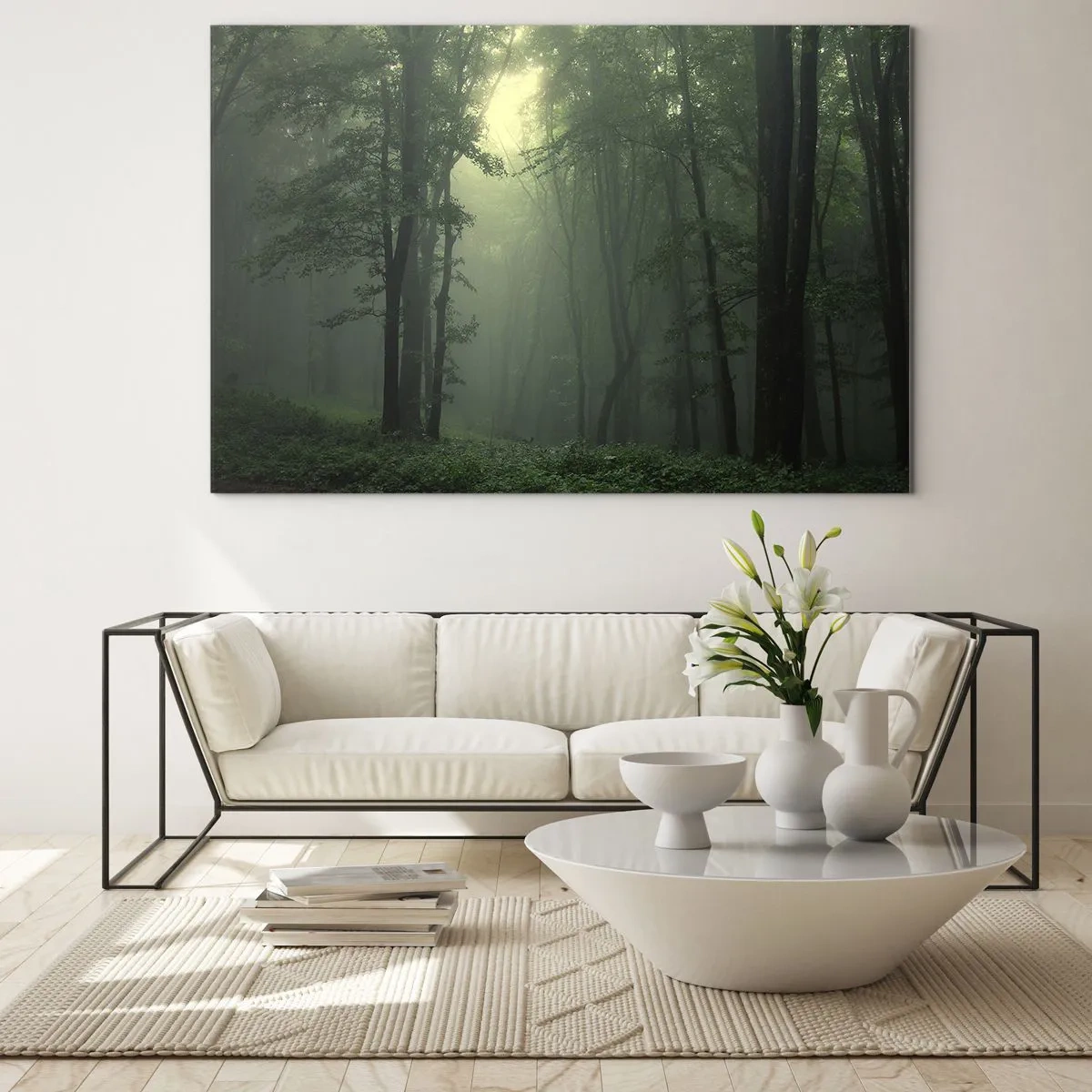 Quadro su vetro - Una foresta oscura avvolta nella nebbia con raggi di luce - 70x50cm - Prima che si svegli - Decorazione murale moderna per soggiorno e camera da letto ARTTOR