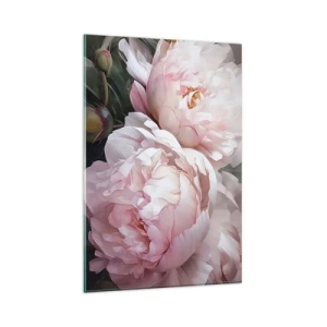 Quadro su vetro - Delicate peonie rosa in piena fioritura - 80x120cm - L'attimo della fioritura - Decorazione murale moderna per soggiorno e camera da letto ARTTOR