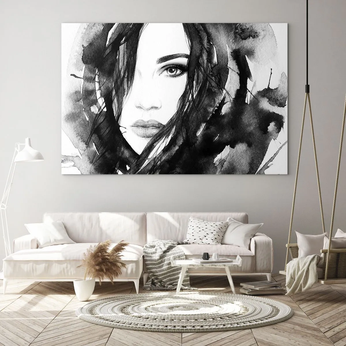 Quadro su vetro - Ritratti femminili in bianco e nero ad acquerello - 70x50cm - Ritratto di donna in bianco e nero - Decorazione murale moderna per soggiorno e camera da letto ARTTOR