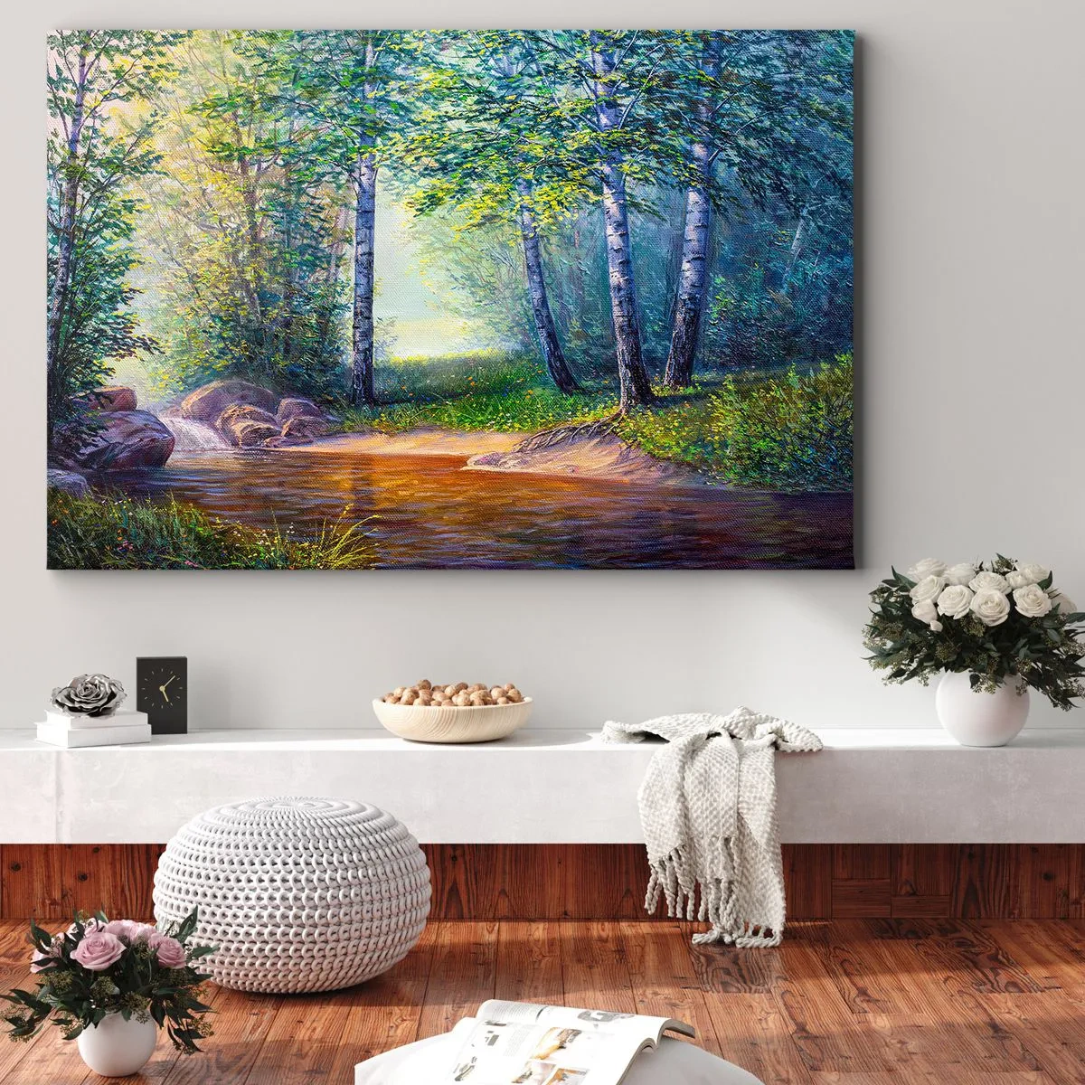 Quadro su tela - Stampe su Tela - Un ruscello nella foresta circondato da betulle e sole - 70x50cm - Scena di beatitudine - Decorazione murale moderna per soggiorno e camera da letto ARTTOR