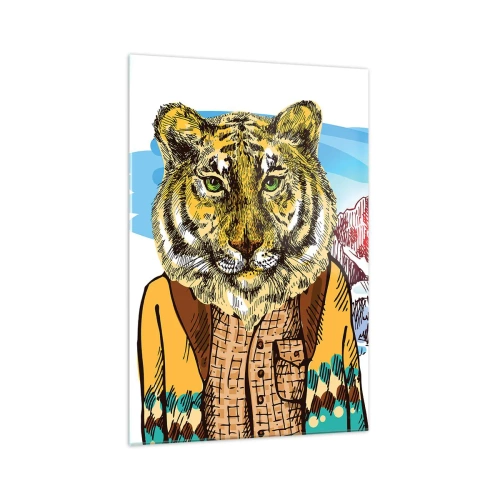 Quadro su vetro - Una tigre con un cappotto sullo sfondo di un paesaggio montano - 70x100cm - Non così selvaggia come la si dipinge - Decorazione murale moderna per soggiorno e camera da letto ARTTOR