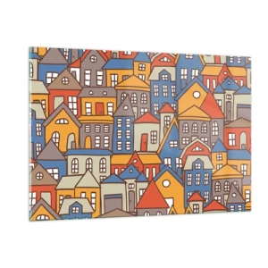 Quadro su vetro - Le case colorate in stile grafico creano un paesaggio allegro - 120x80cm - Una casa dietro l'altra - Decorazione murale moderna per soggiorno e camera da letto ARTTOR