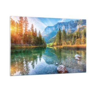 Quadro su vetro - Un lago di montagna circondato da foreste e cime maestose - 120x80cm - La mitezza dell'autunno - Decorazione murale moderna per soggiorno e camera da letto ARTTOR