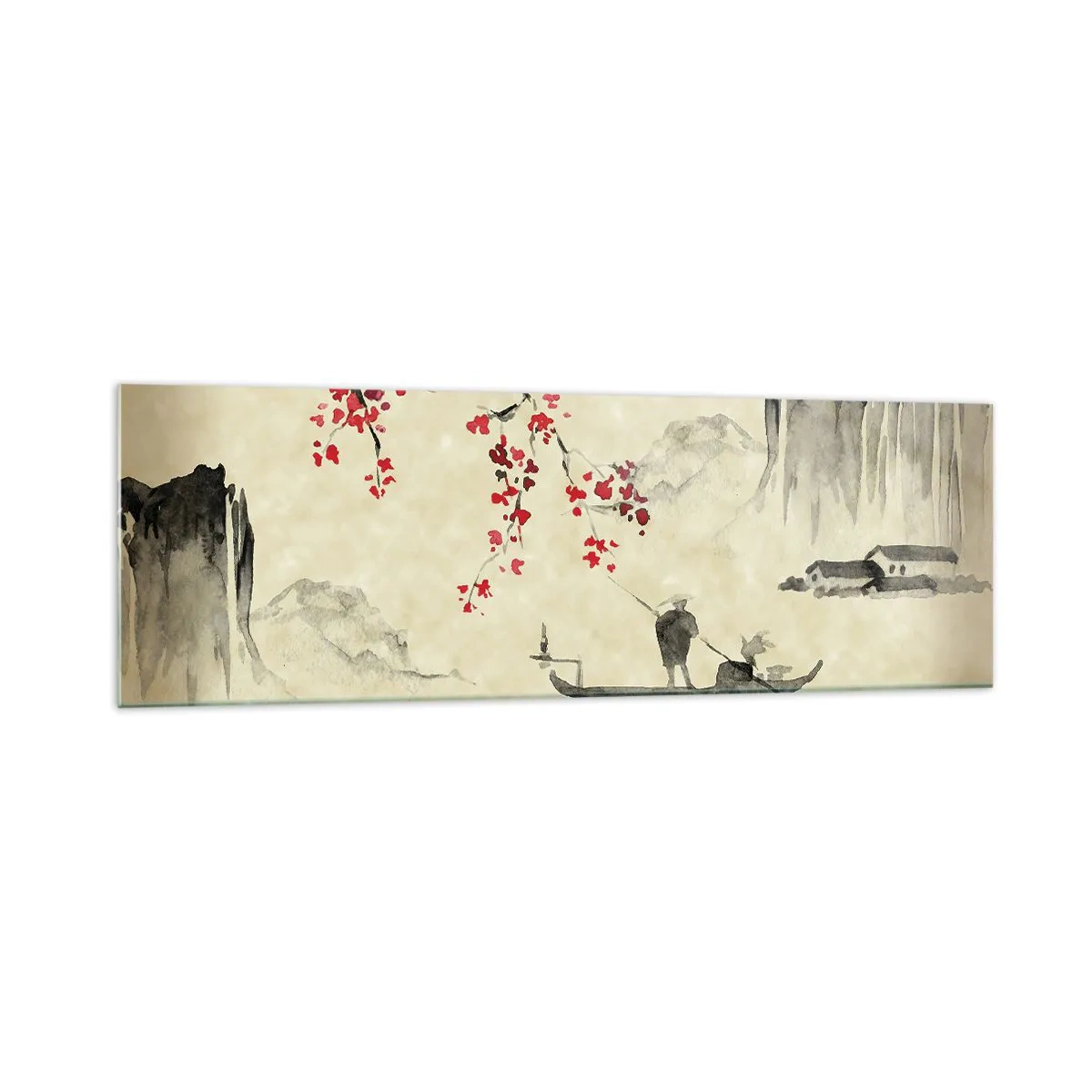 Quadro su vetro - Illustrazione orientale con una barca e un ramo fiorito - 160x50cm - Nel paese dei ciliegi in fiore - Decorazione murale moderna per soggiorno e camera da letto ARTTOR