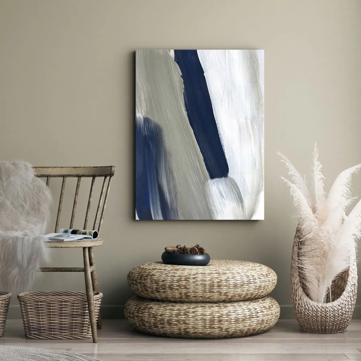 Quadro su tela - Stampe su Tela - Pennellate astratte in tonalità di blu e grigio - 50x70cm - Incontro con il bianco - Decorazione murale moderna per soggiorno e camera da letto ARTTOR