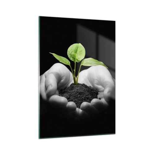 Quadro su vetro - Una giovane pianta tra le mani su uno sfondo nero - 50x70cm - Amo la natura, la proteggo - Decorazione murale moderna per soggiorno e camera da letto ARTTOR