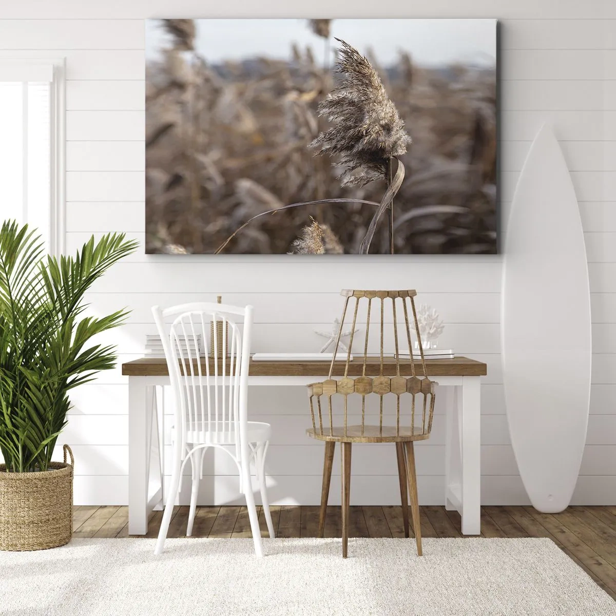 Quadro su tela - Stampe su Tela - Delicate erbe nelle tonalità del beige sullo sfondo della natura - 120x80cm - è tempo di volare col vento - Decorazione murale moderna per soggiorno e camera da letto ARTTOR
