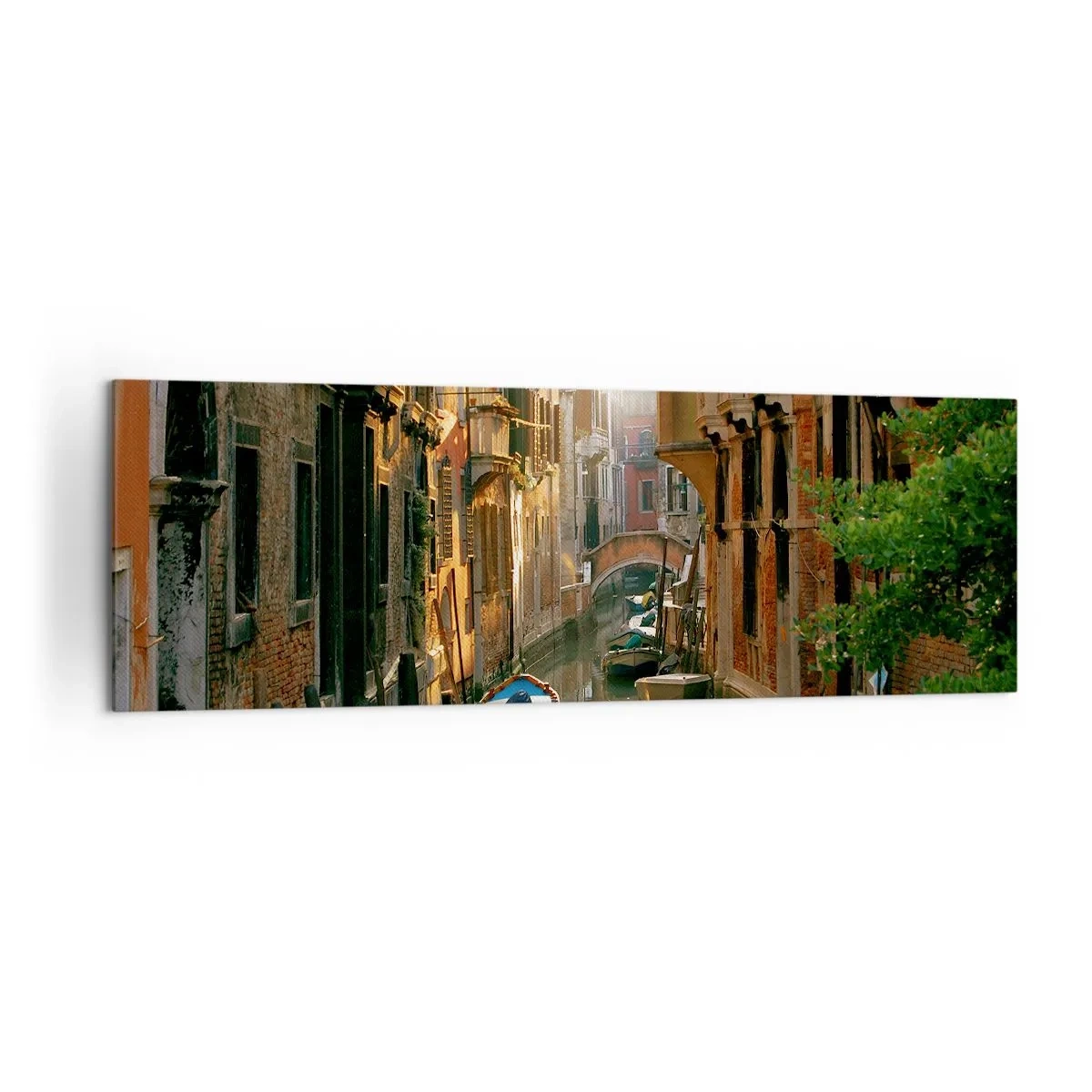 Quadro su tela - Stampe su Tela - Un pittoresco canale a Venezia con barche e un ponte - 160x50cm - Un angolo di Venezia - Decorazione murale moderna per soggiorno e camera da letto ARTTOR
