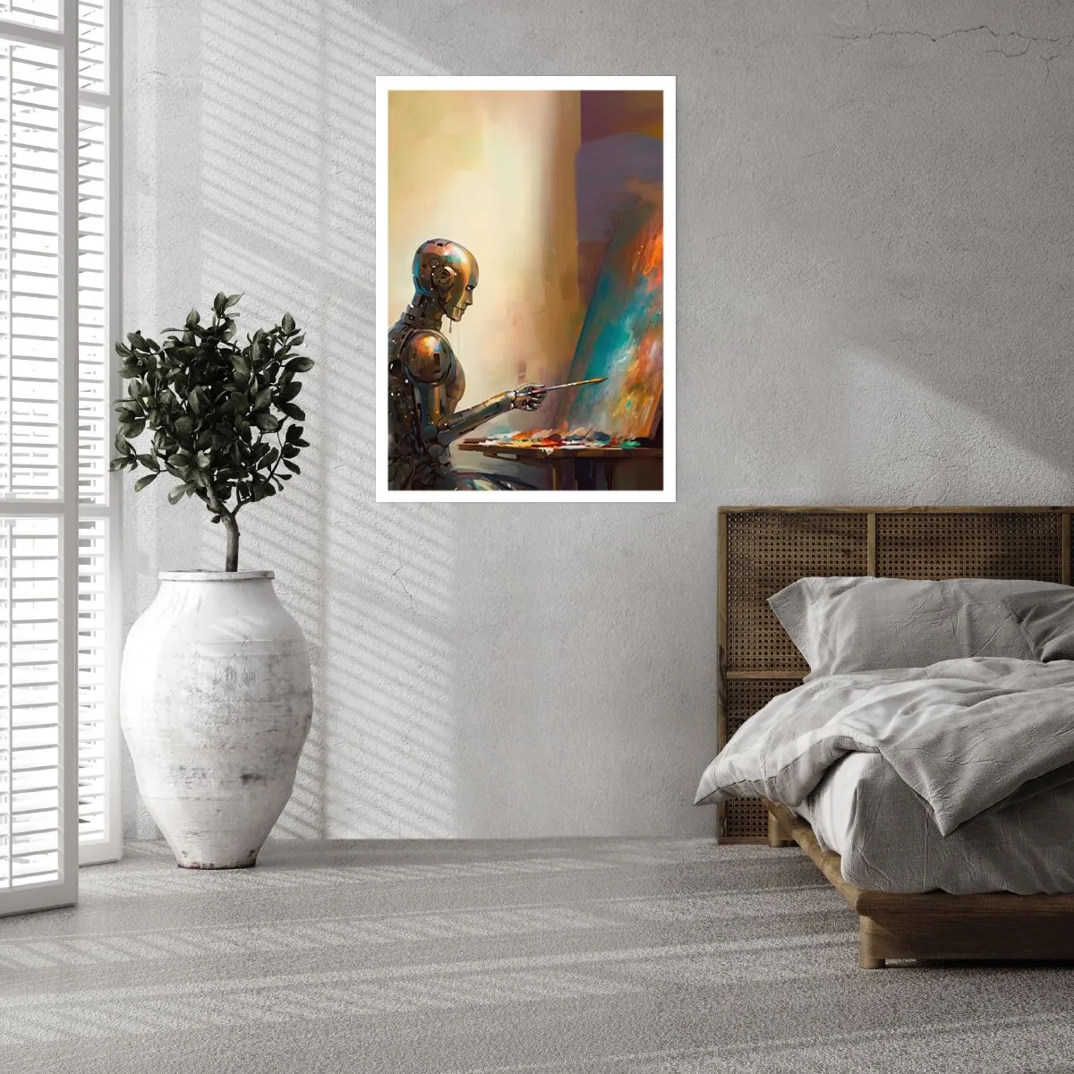 Poster - Robot pittore al cavalletto in stile futuristico - 50x70cm - L'arte del futuro - Decorazione murale moderna per soggiorno e camera da letto ARTTOR
