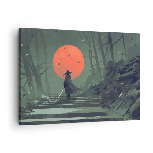 Quadro su tela - Stampe su Tela - Un guerriero solitario con una spada sullo sfondo di una luna rossa in una foresta oscura. - 70x50cm - Il guerriero della luna rossa - Decorazione murale moderna per soggiorno e camera da letto ARTTOR