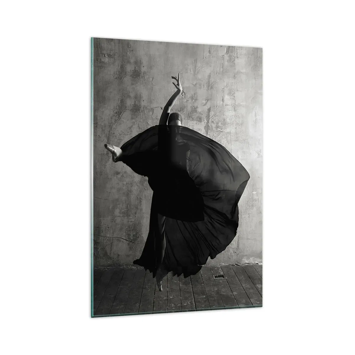 Quadro su vetro - Silhouette in bianco e nero di una ballerina in movimento su uno sfondo di muro - 80x120cm - Fasce piene di passione - Decorazione murale moderna per soggiorno e camera da letto ARTTOR